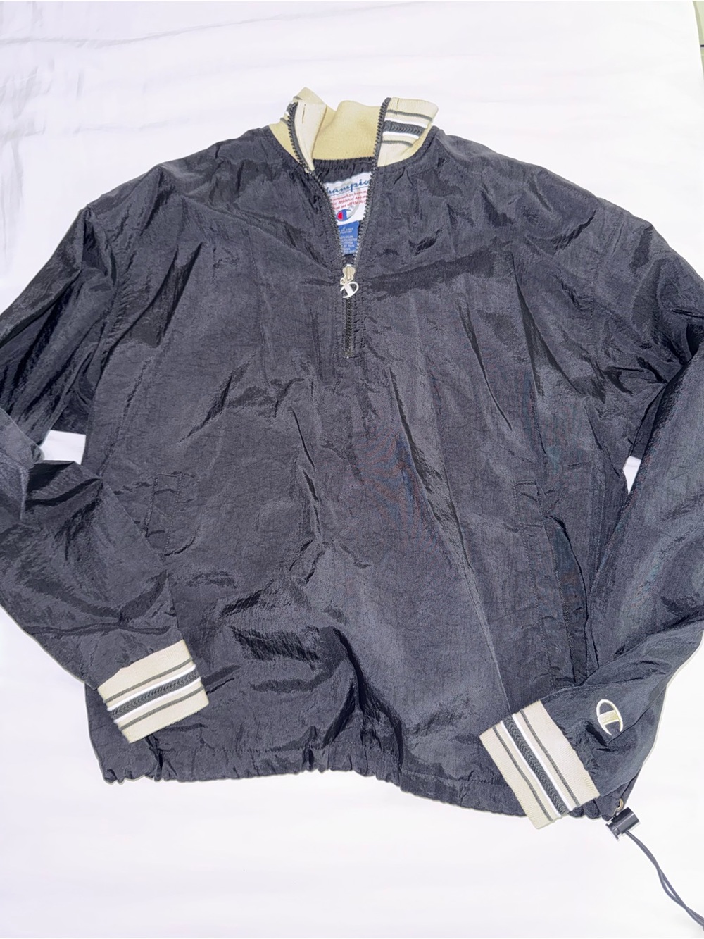 Champion Black Bomber Jacket with Cream Stripe Trim